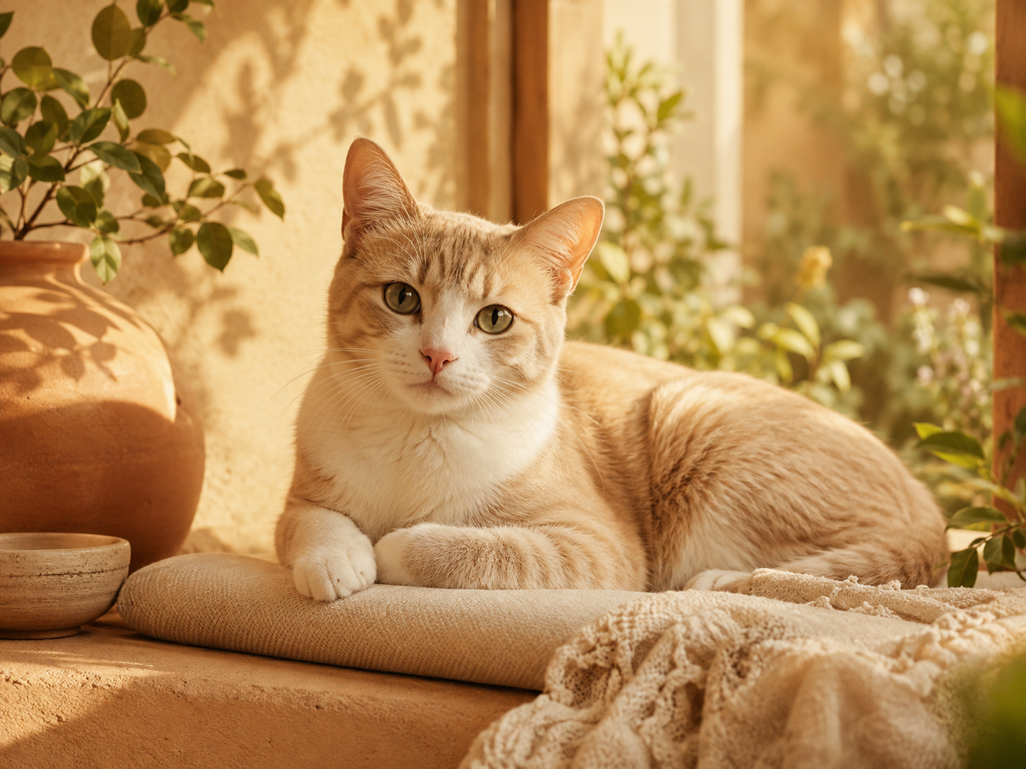 A cat resting peacefully in warm natural light surrounded by soft earthy textures and greenery.
